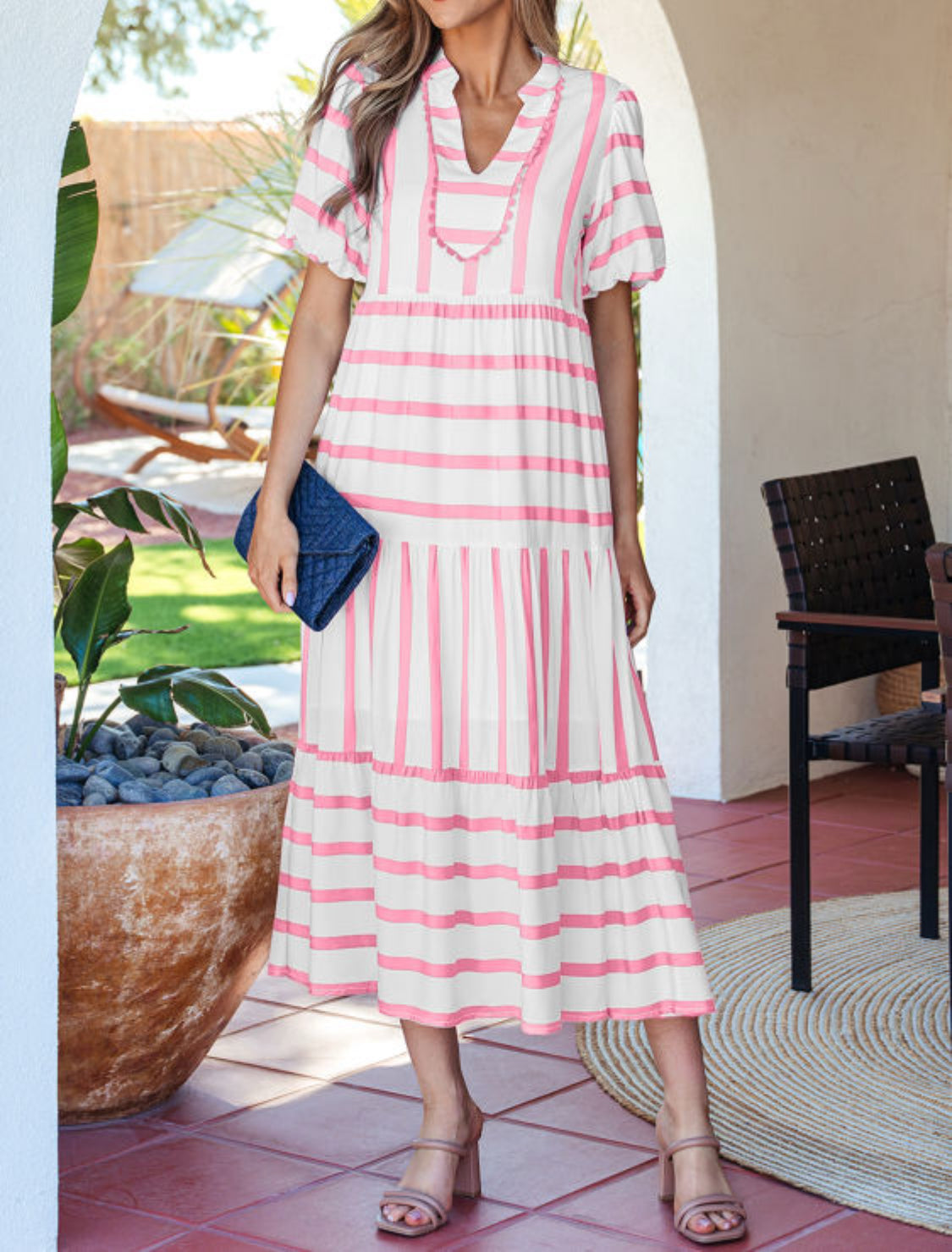 Pink Stripe Ricrac Trim Notched Neck Half Sleeve Vacation Dress