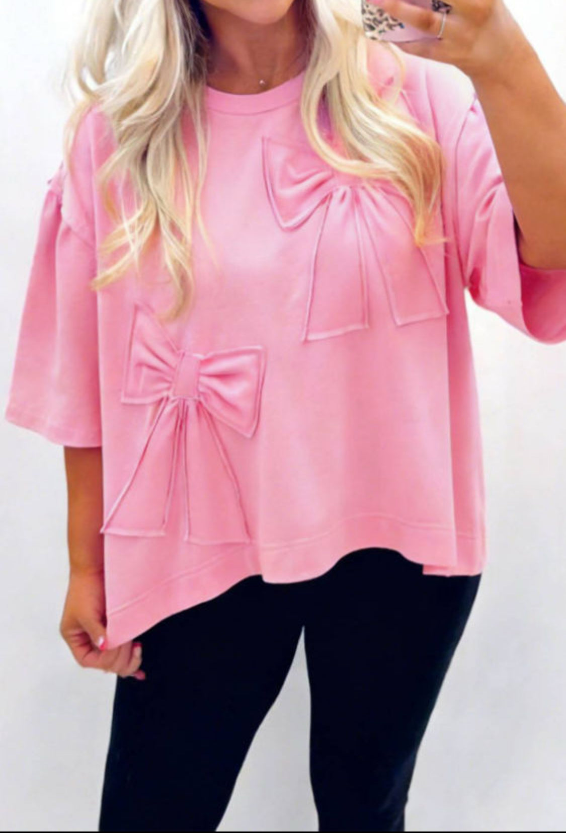 Pink Solid Color Raw Edge Bow Patch Loose T Shirt