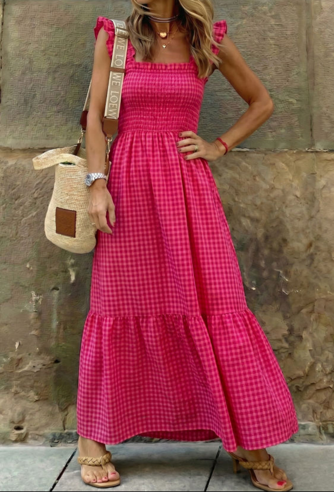 Pink Red Plaid Square Neck Fit-and-flared Sundress