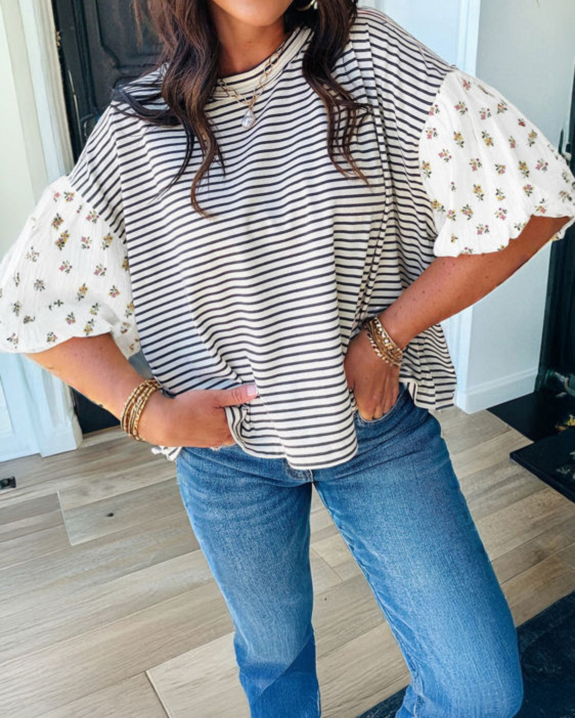 Black Stripe Floral Puff Sleeve Patchwork Round Neck Loose Top