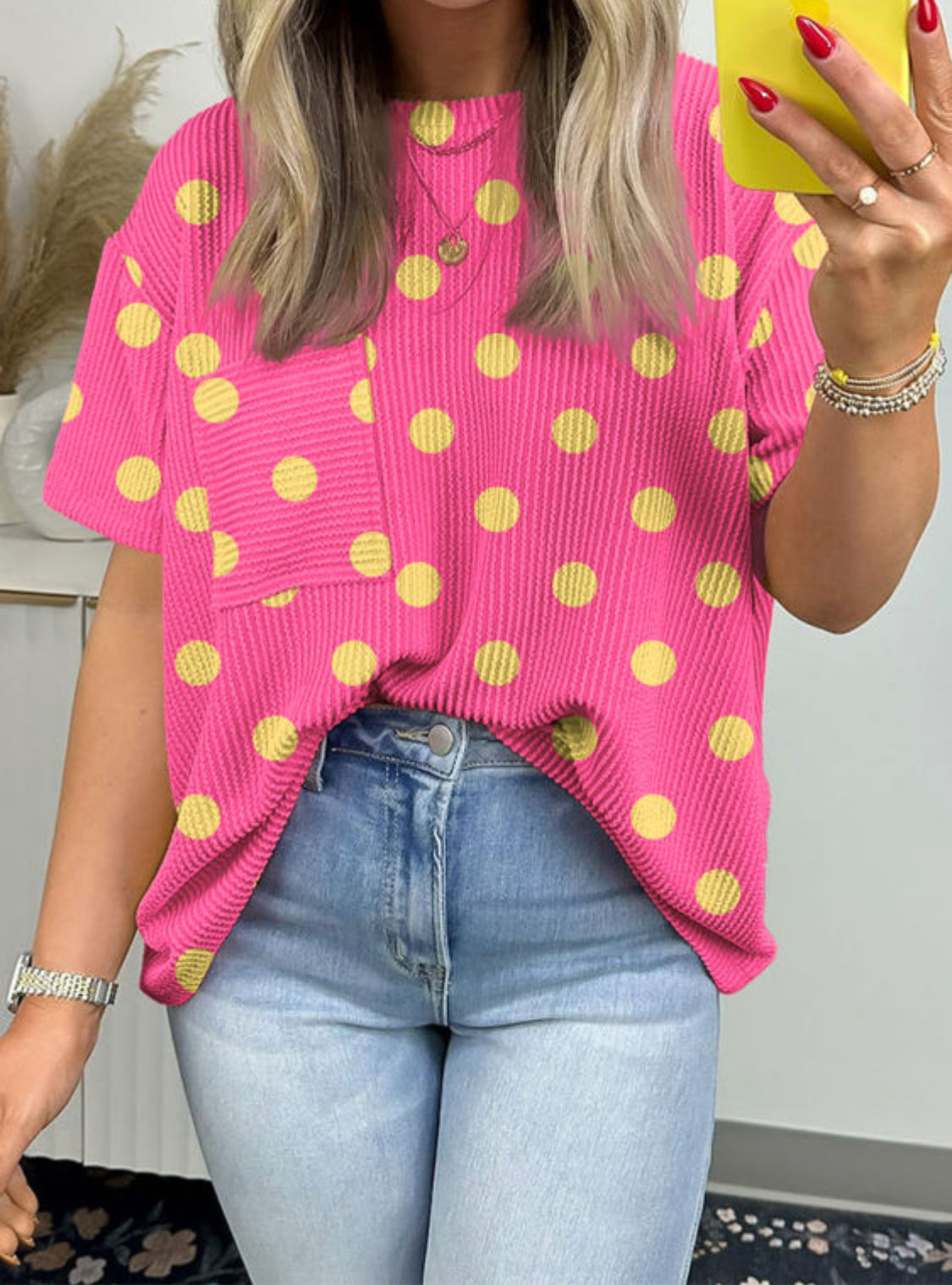 Pink Polka Dot Round Neck Drop Shoulder Patch Pocket Jacquard Texture Top