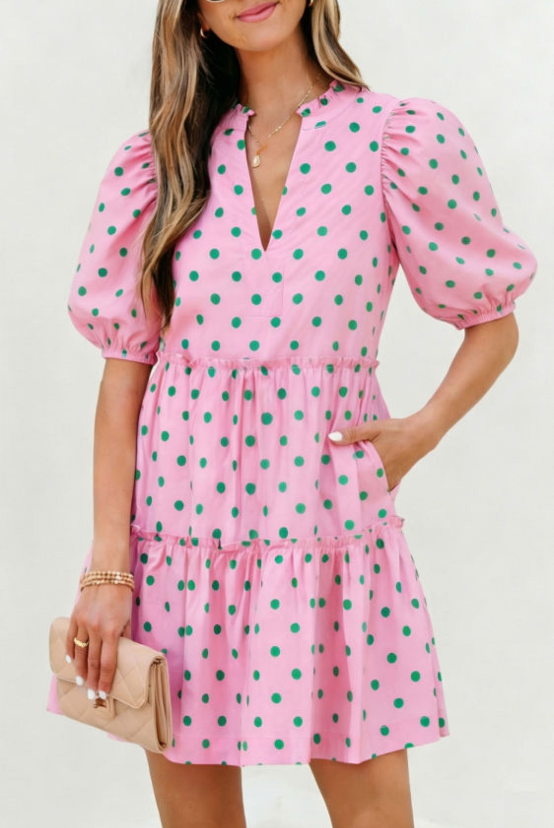 Pink Polka Dot Print V Neck Short Sleeve Tiered, Mini Dress