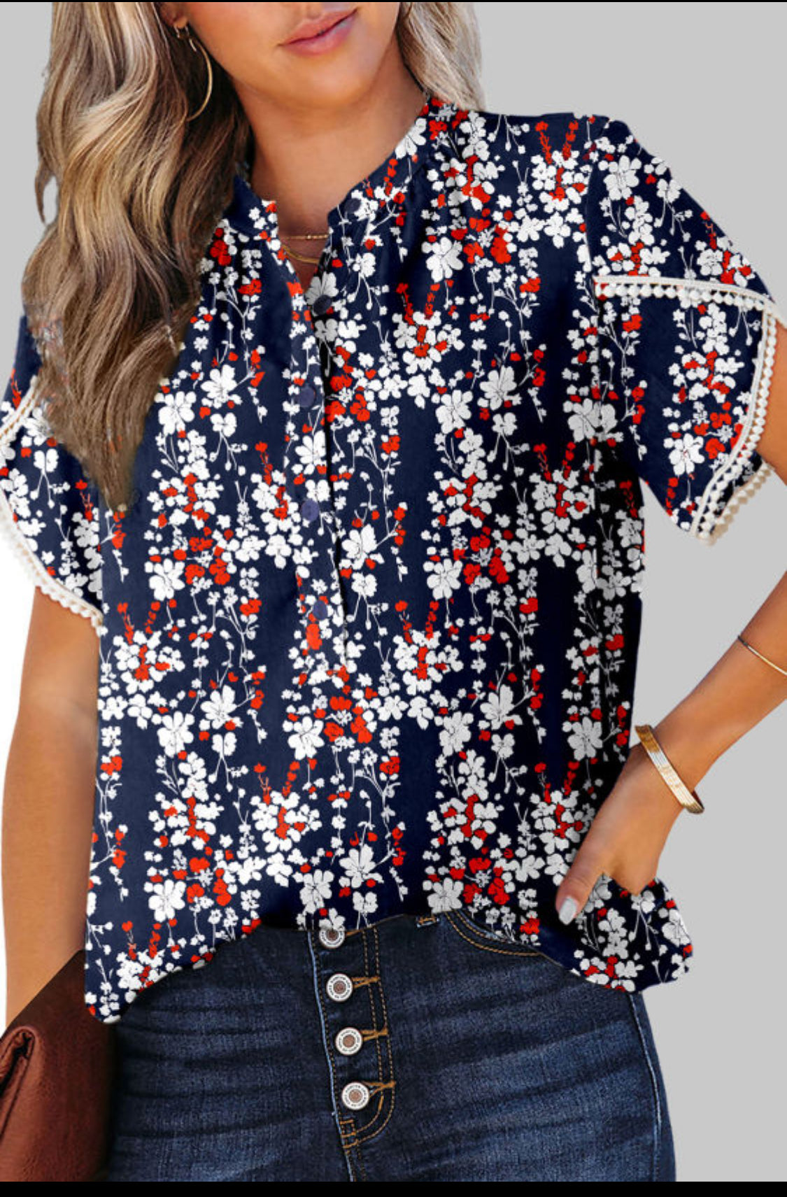 Navy Casual Floral Print Half Button Lace Trim Blouse
