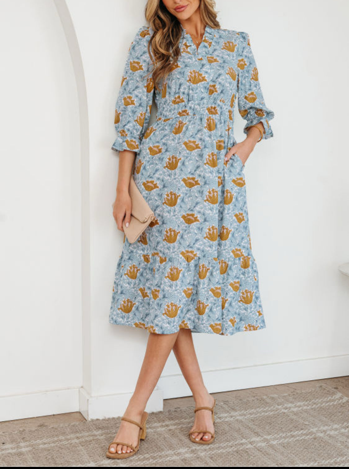 Brown Floral Printed Frilled V Neck Bracelet Sleeve Long Dress