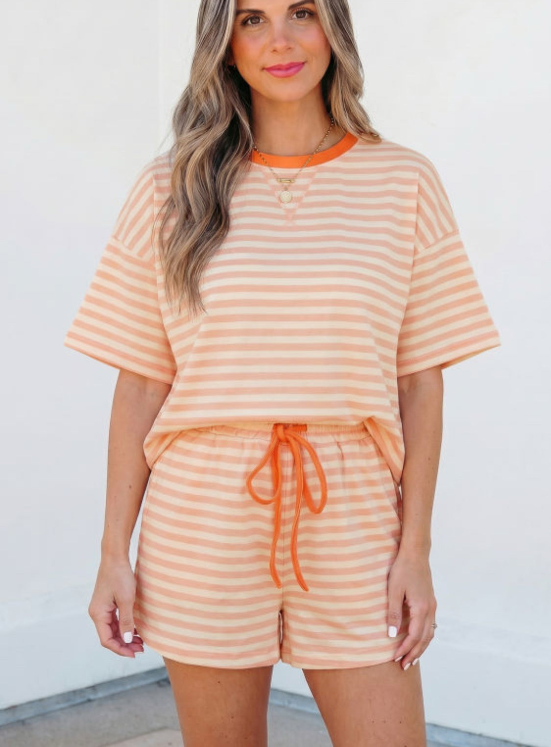 Pink Stripe Contrast Neck Loose Tee and Drawstring Shorts Set