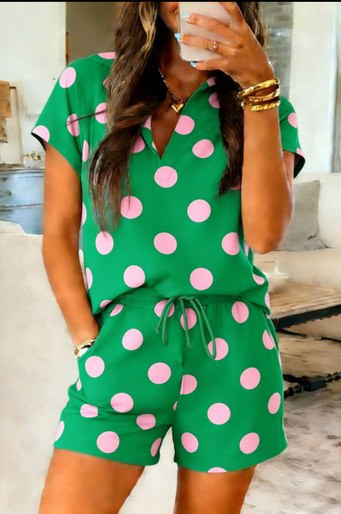 Green Polka Dot Print V Neck Tee Short Set