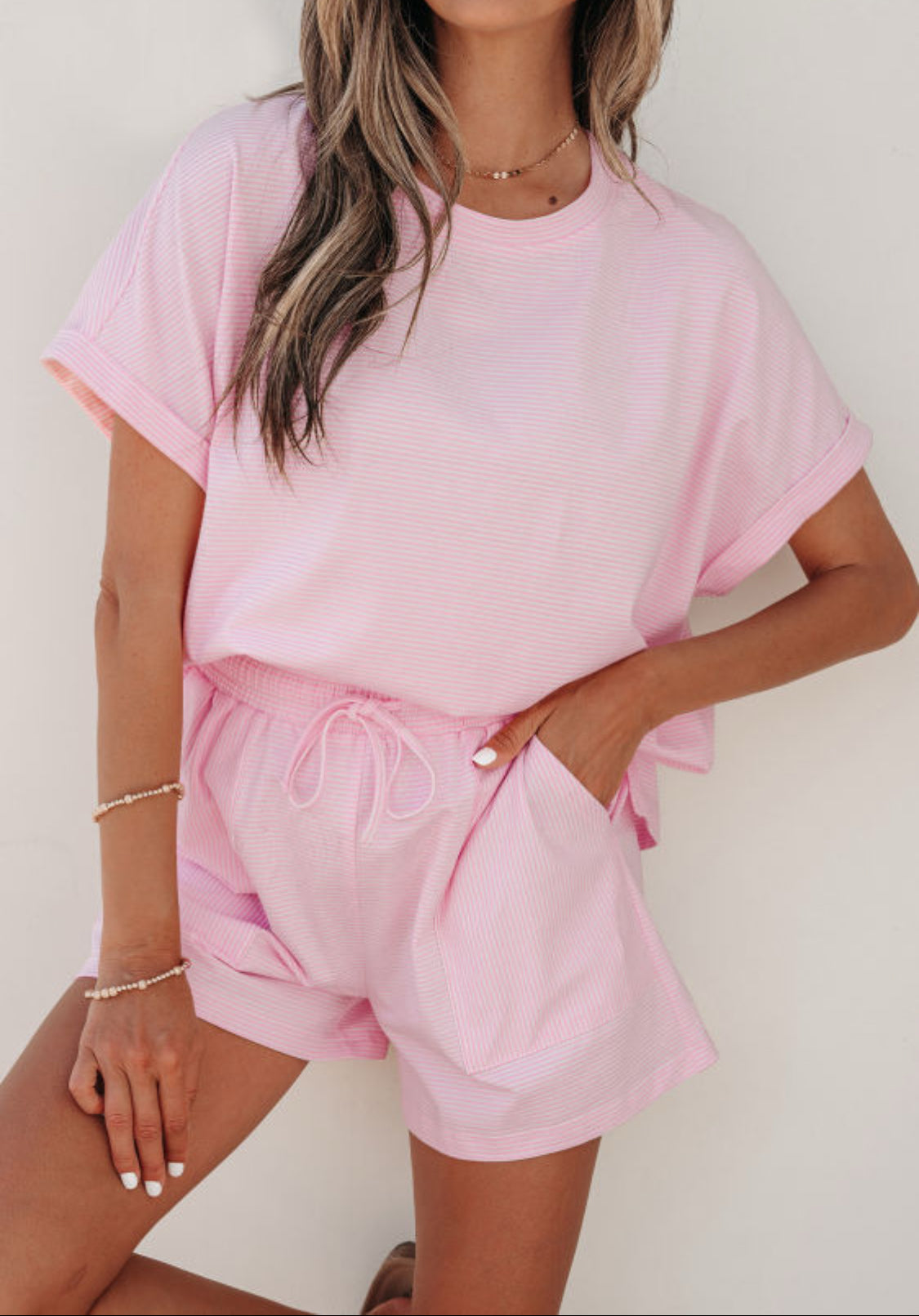 Pink Stripe Matching Oversized Tee and Drawstring Shorts Set