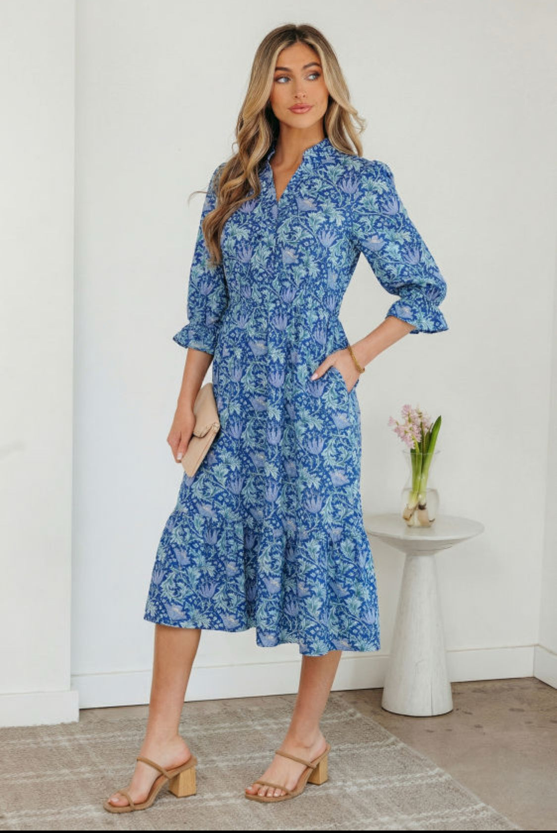 Sky Blue Floral Printed Frilled V Neck Bracelet Sleeve Long Dress