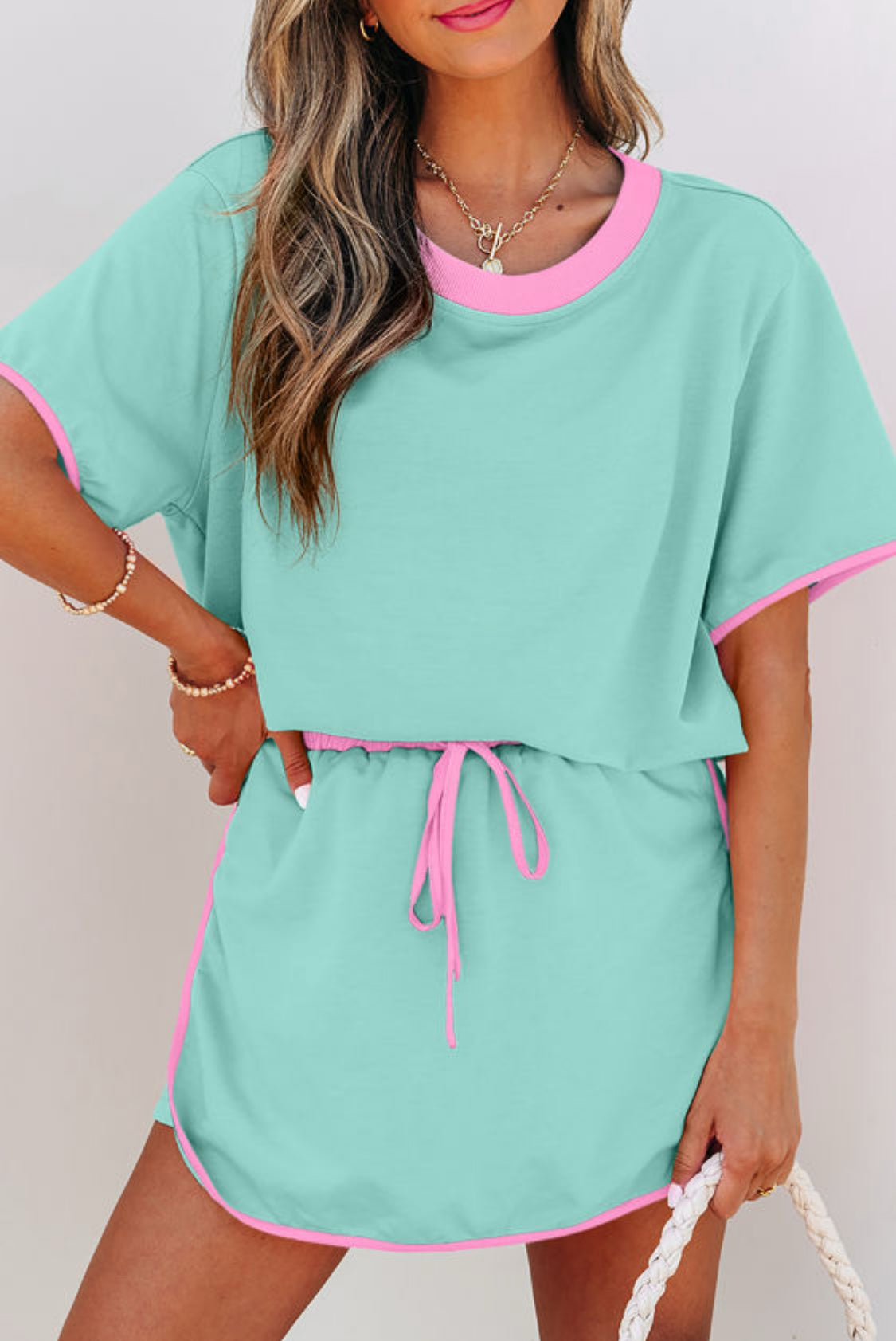 Teal Pink Colorblock Edge Drop Shoulder T Shirt and Skort Set