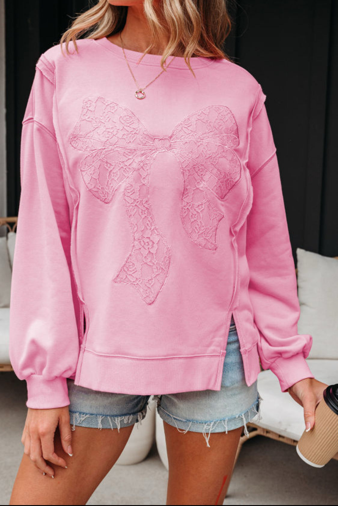 Lace bow pink pullover