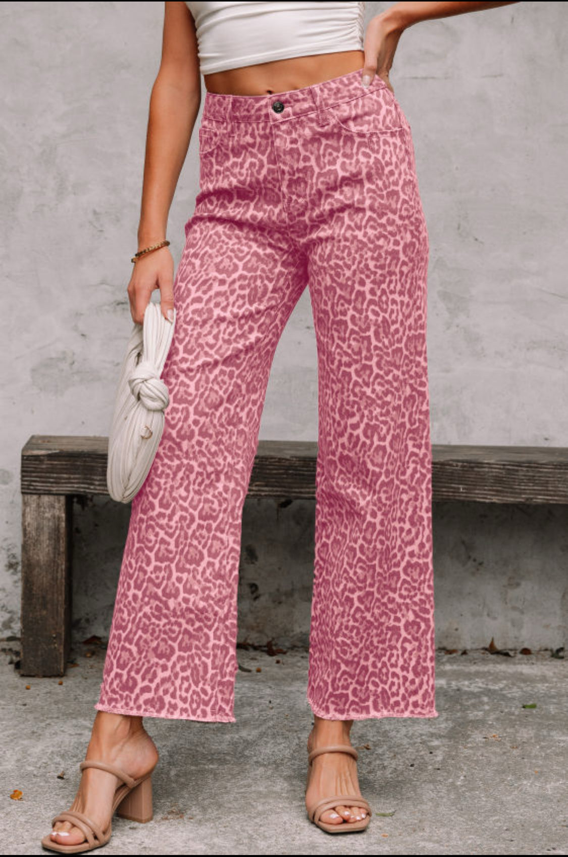 Pink Leopard Frayed Edge Wide Leg High Waist Jeans