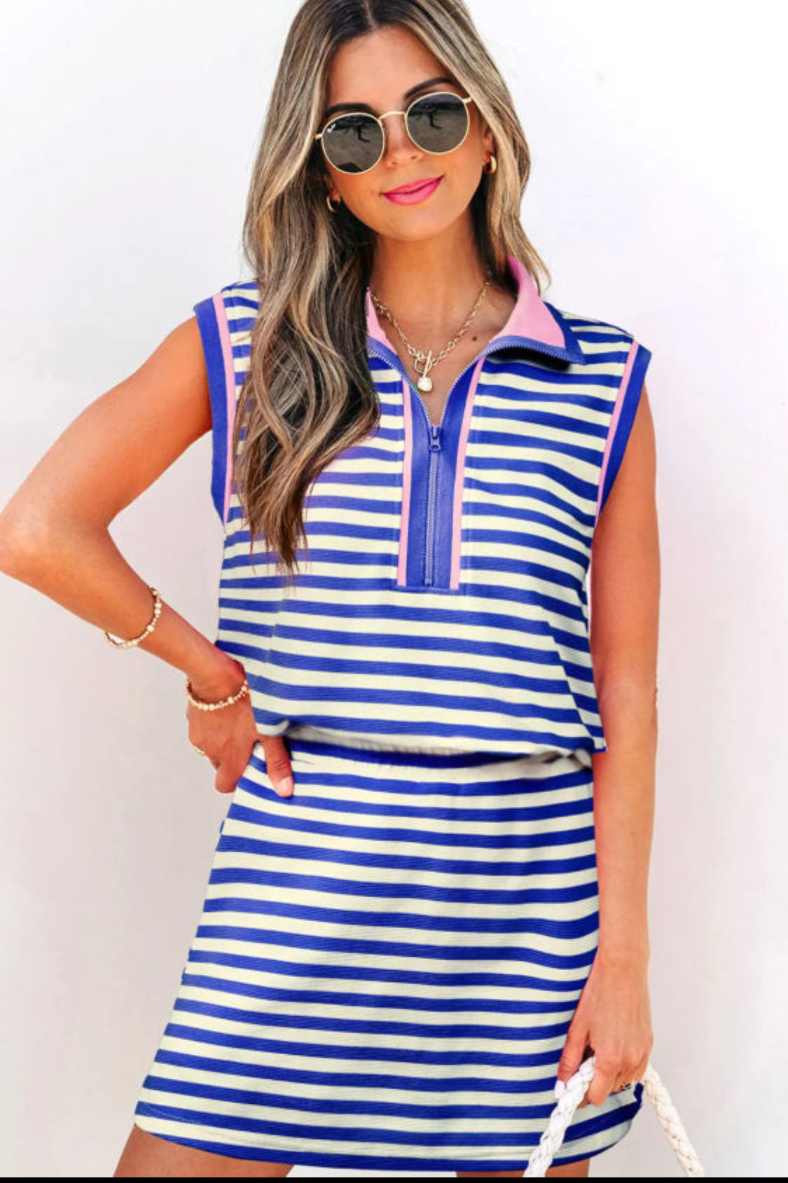 Dark Blue Textured Stripe Print Contrast Trim Zip Collar Sleeveless 2pcs Skort Set