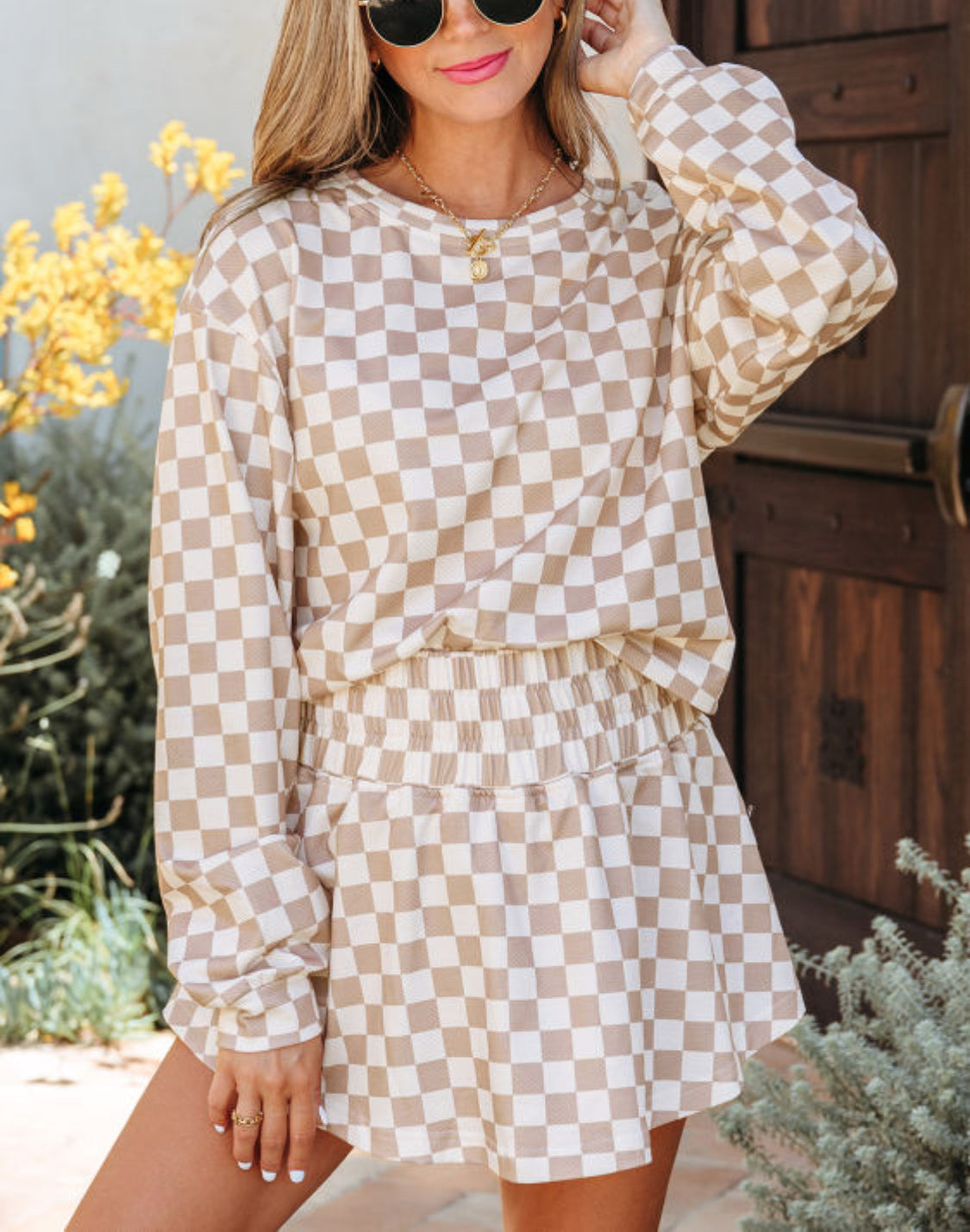 Khaki Checkered Long Sleeve Crop Top High Waist Skort 2pcs set