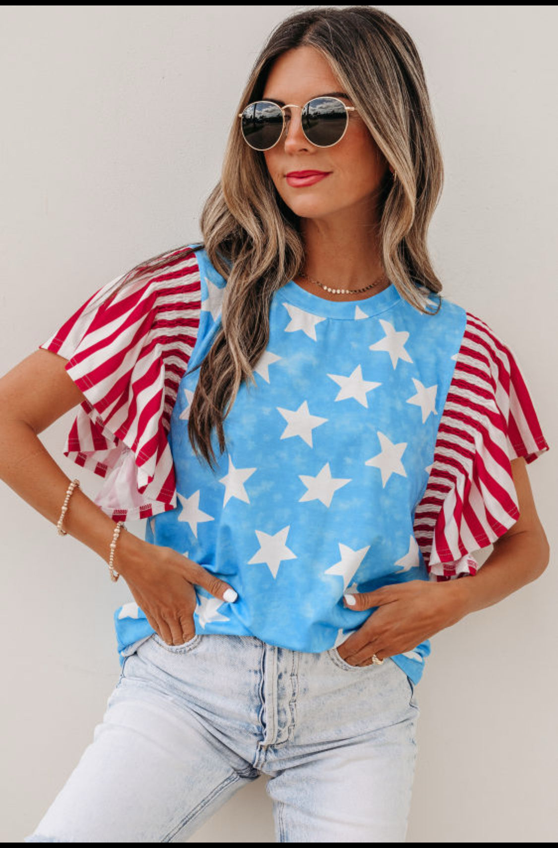 Sky Blue Vintage Star Print Striped Ruffle Sleeve Independence Day Top