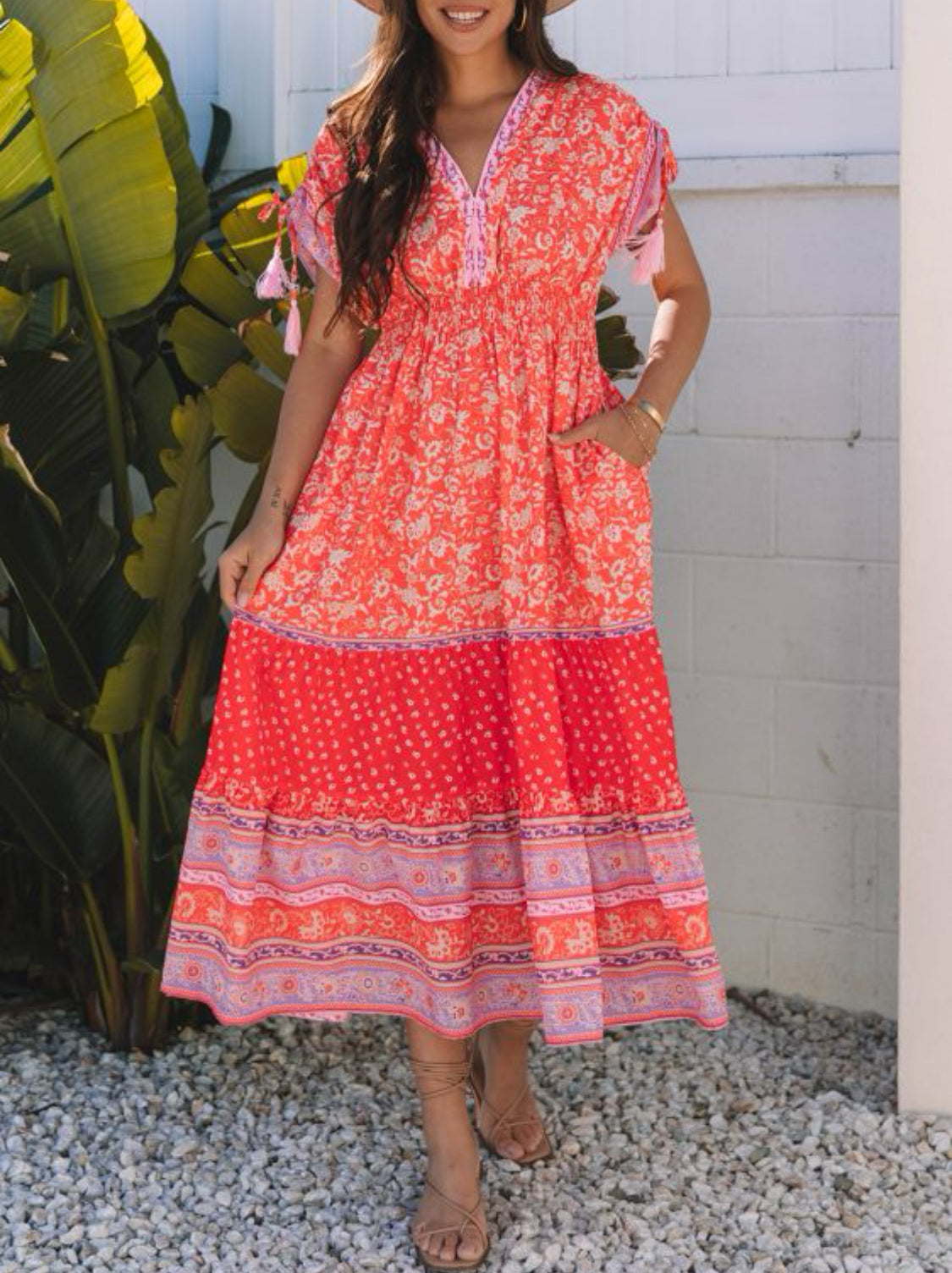 Red Floral Print Tasseled Tied Sleeve Empire Waist Maxi Dress