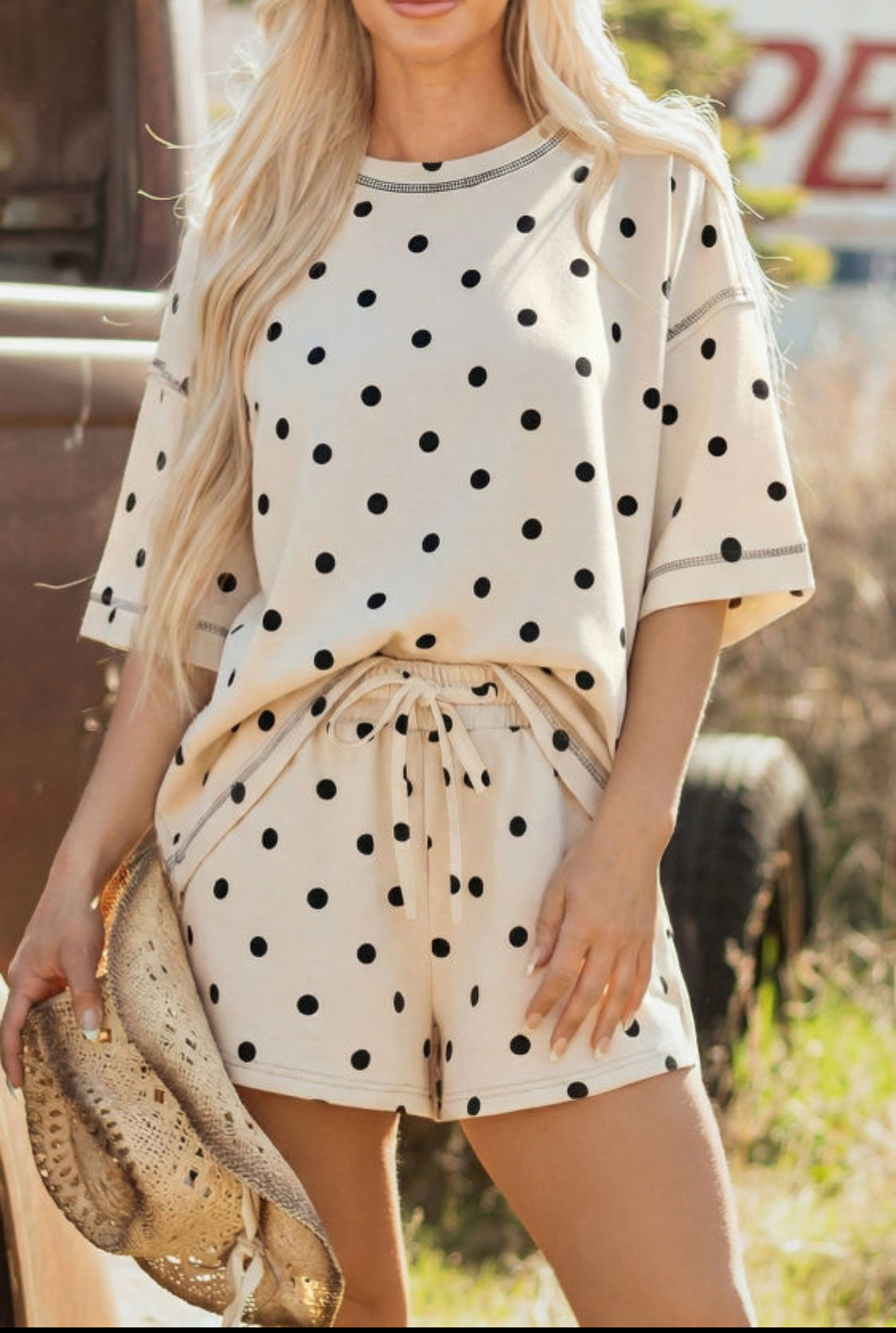 White Exposed Seam Detail Polka Dot Loose Tee Drawstring Shorts Set