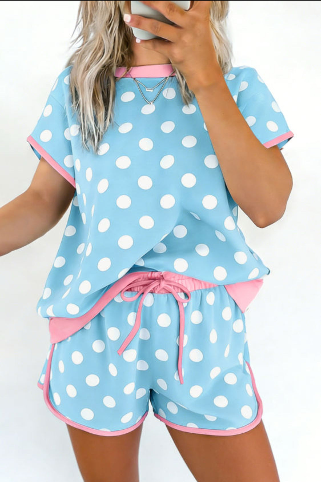 Blue Polka Dot Contrast Edge Casual Short Set