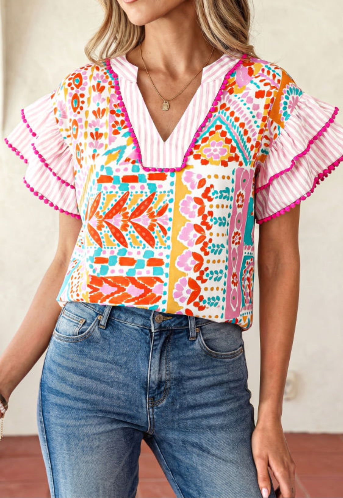 Rose Boho Mixed Print Contrast Trim Striped Patchwork Tiered Short Sleeve Blouse