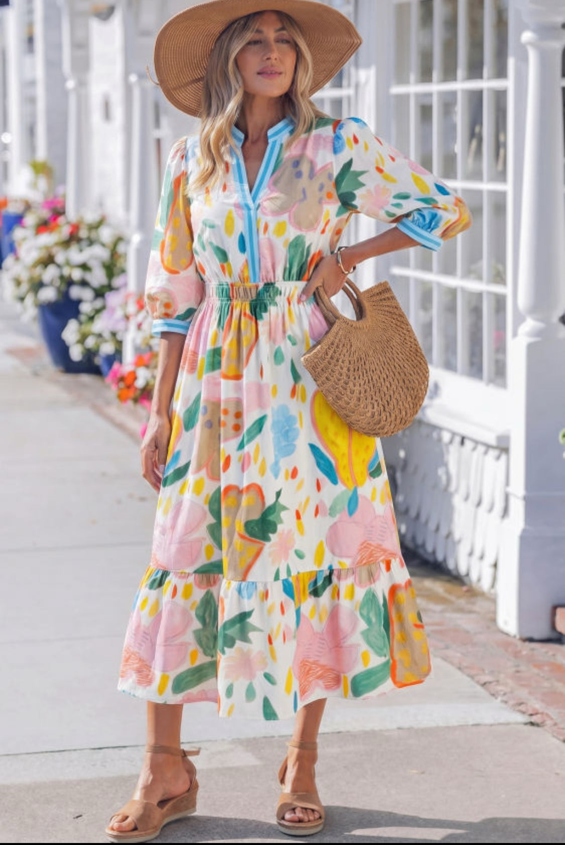 Multicolour Floral Doodle Print Striped Trim V Neck Midi Dress