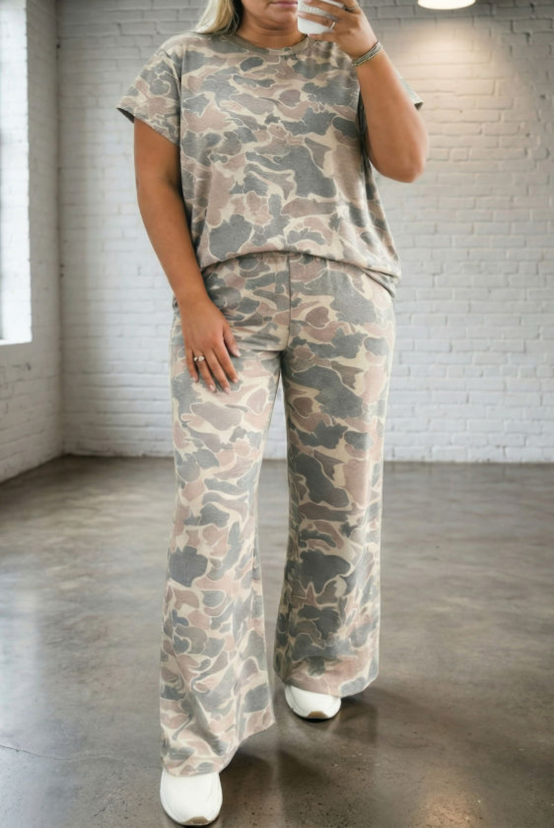 Multicolour Camouflage Short Sleeve Top and High Waist Wide Leg Pants Set
