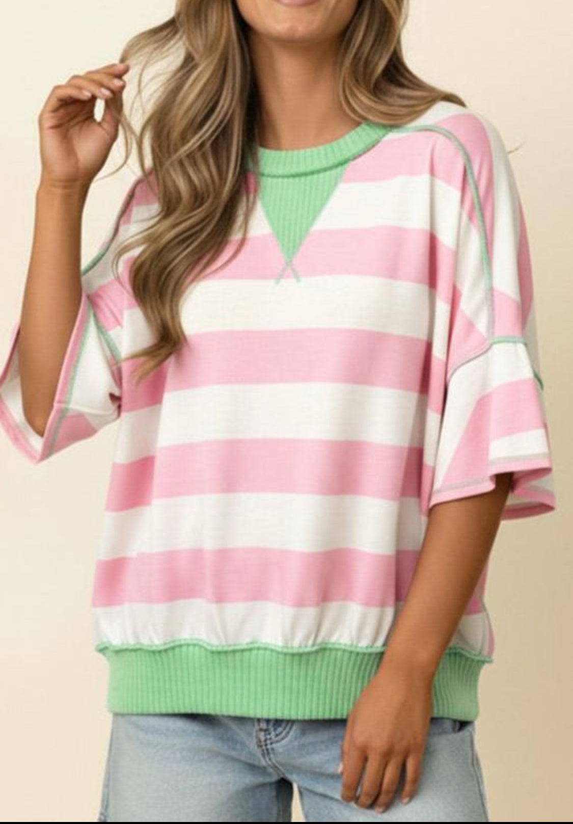 Pink Stripe Exposed Seam Ribbed Patchwork Oversized Tee