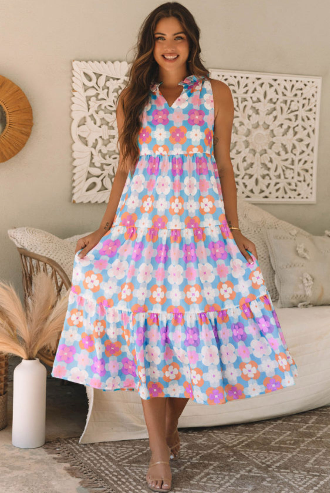 Sky Blue Floral Print Frilly Neck Sleeveless Tiered Maxi Dress