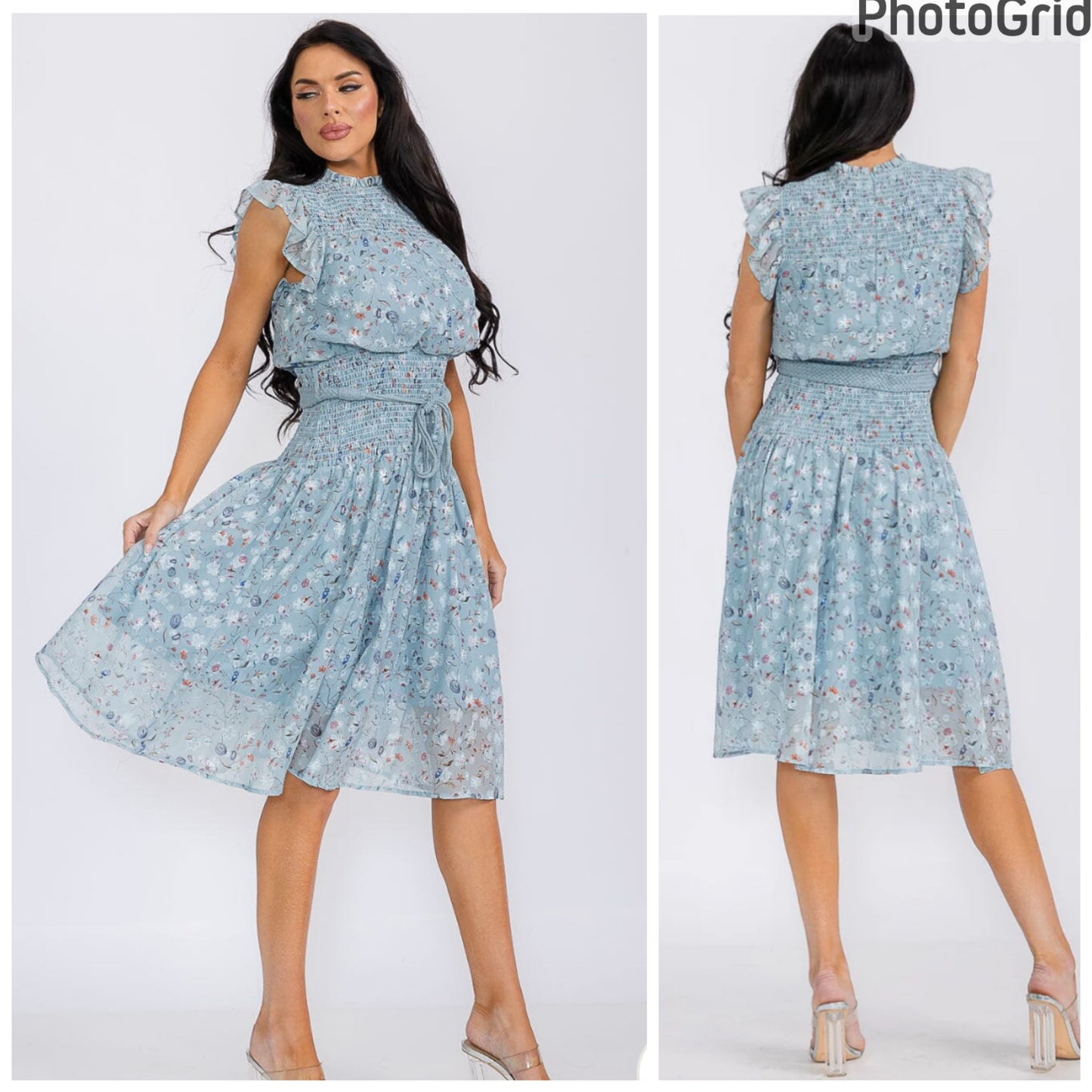 WOMEN'S SLEEVELESS SMOCK SELF TIE FLORAL PRINT MIDI DRESS