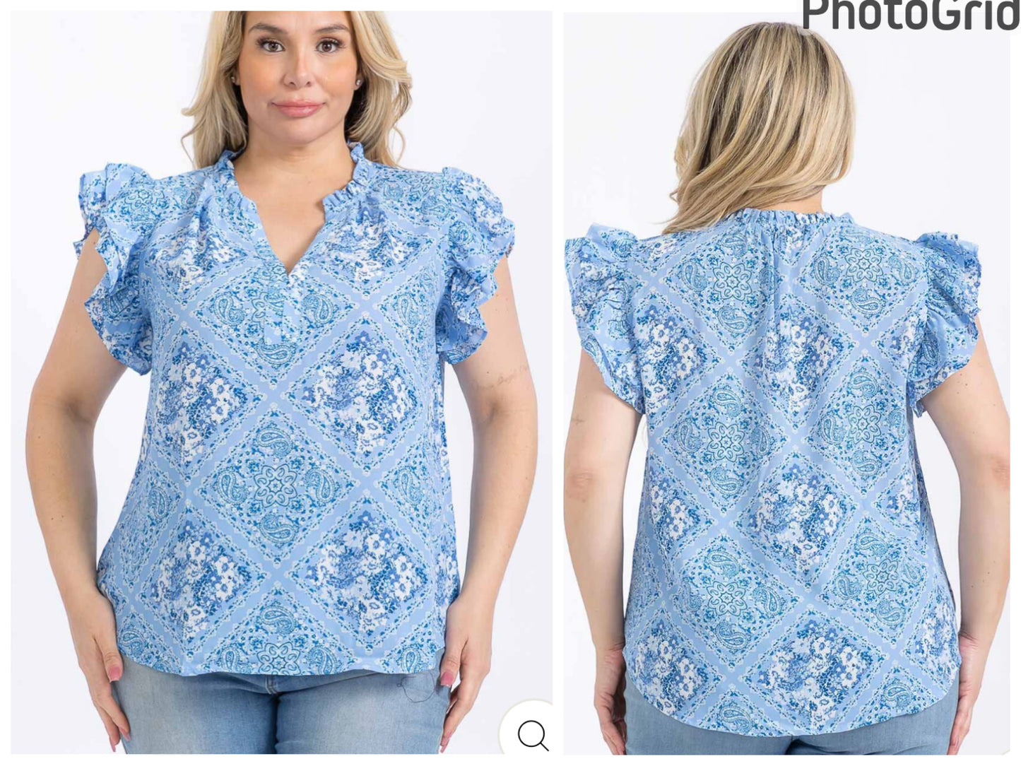 PLUS SIZE SHORT RUFFLE SLEEVE V-NECK MULTI PRINT BLOUSE