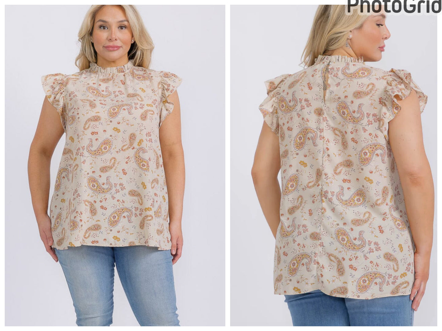 PLUS SIZE RUFFLE SLEEVE MOCK NECK PAISLEY PRINT BLOUSE