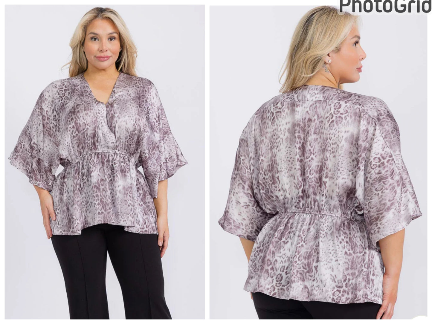 PLUS SIZE SHORT SLEEVE V-NECK ELASTIC WAIST ANIMAL PRINT BLOUSE
