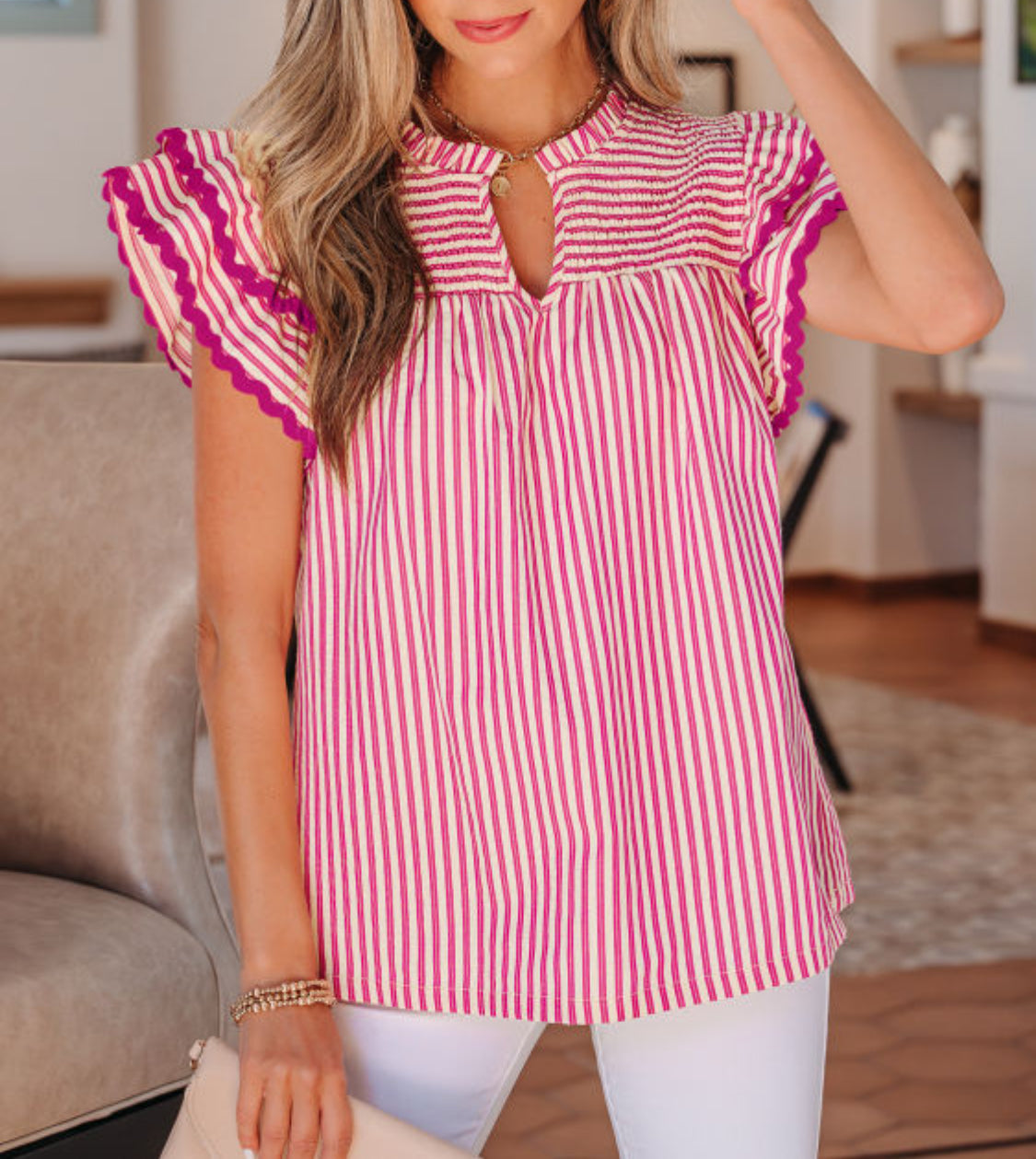 Rose Stripe Shirred Yoke Ruffled Short Sleeve Blouse