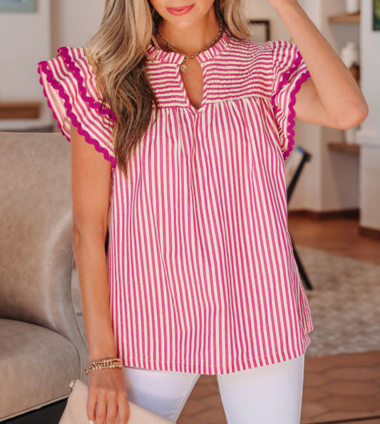 Rose Stripe Shirred Yoke Ruffled Short Sleeve Blouse