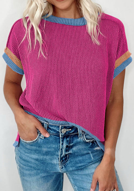 Bright Pink Textured Contrast Trim Round Neck T Shirt