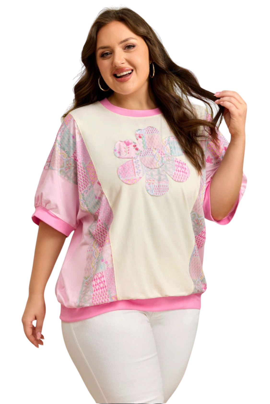 Beige Color Block Floral Patchwork Big Flower Accent Relaxed Top