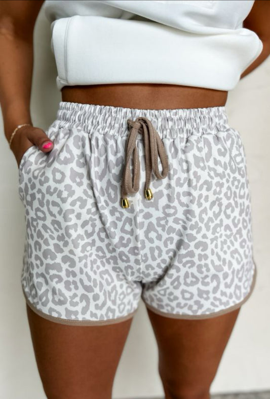 White Leopard Elastic Waistband Lace up Contrast Trim Casual Shorts
