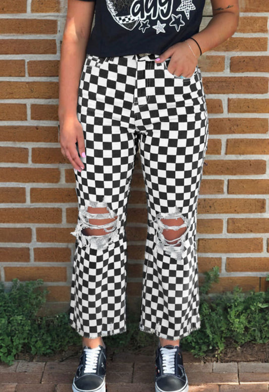 Black Checkerboard Print Distressed Holes Raw Edge Cropped Jeans