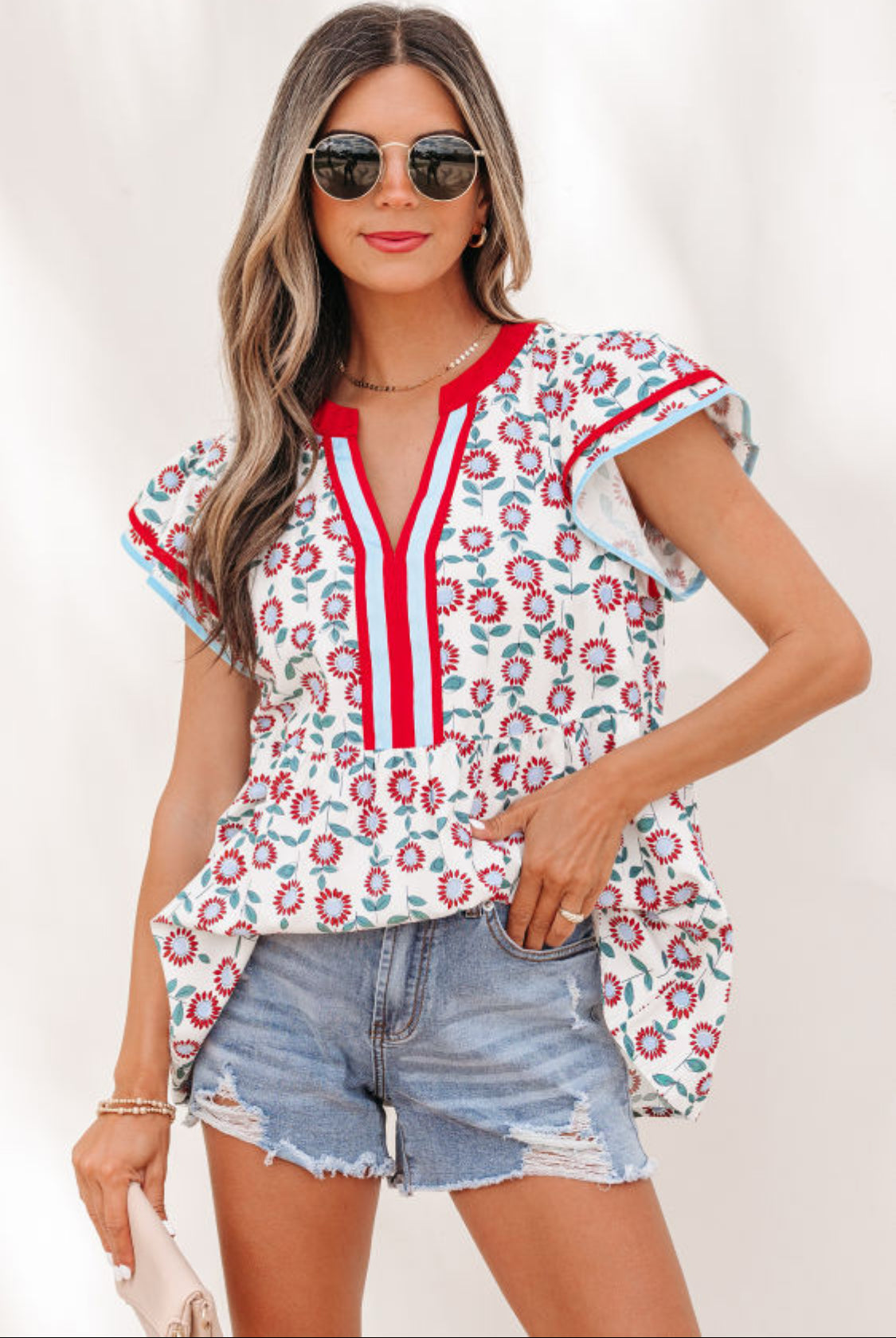 Red Sunflower Printed Contrast Trim V Neck Flutter Sleeve Blouse