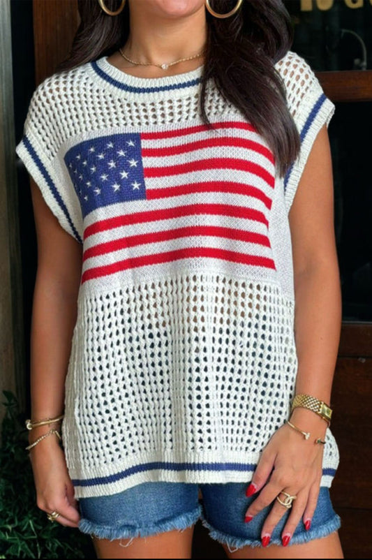White USA Flag Eyelet Knitted Cap Sleeve Sweater Top
