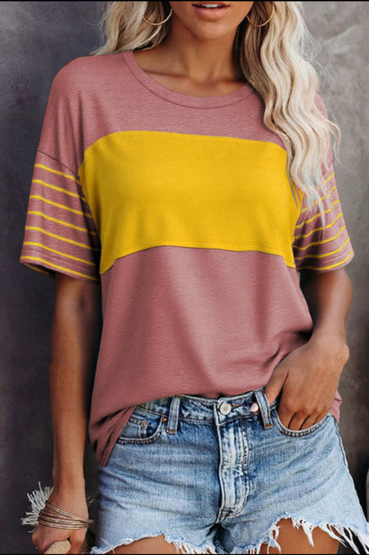 Red Dahlia Color Block Striped Detail Top