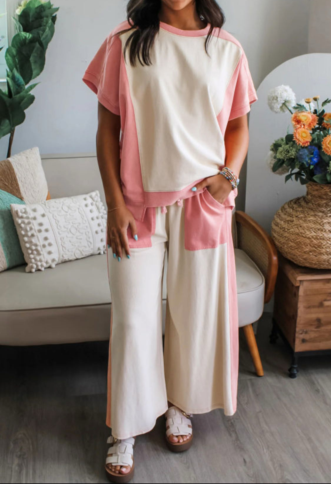 White Two-tone Color Block Patchwork Tee Drawstring Loose Pant Set