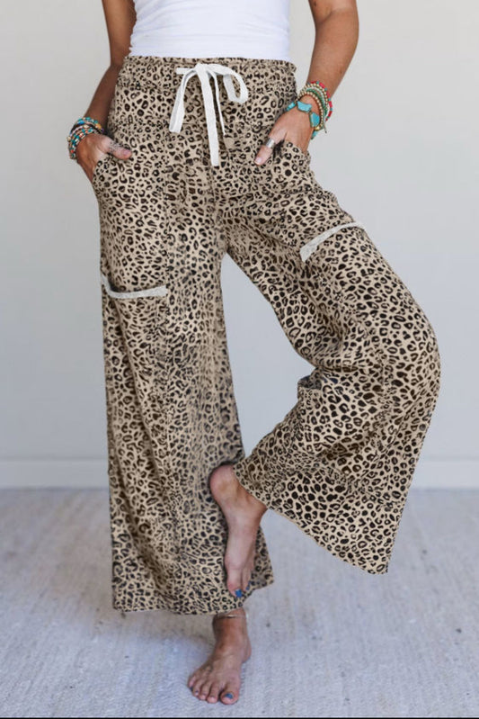 Khaki Animal Print Wide Leg Terry Knit Pants