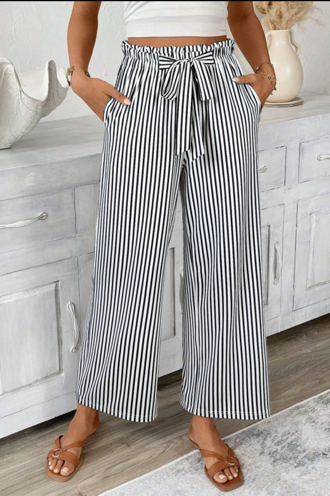 Black Stripe Tied High Waist Loose Straight Casual Pants