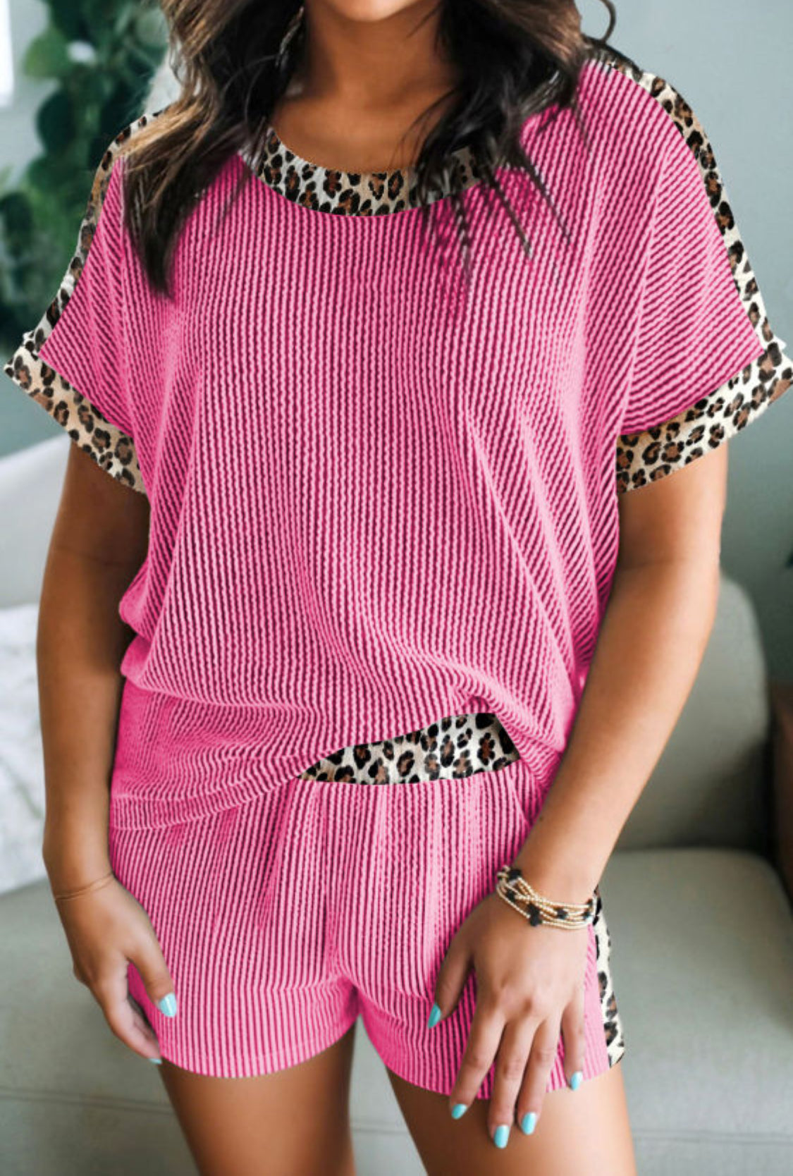 Pink Leopard Trim Twist Ribbed Short Set
