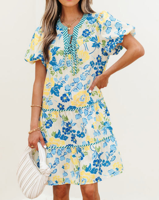 Blue Floral Striped Trim Puff Short Sleeve Dress