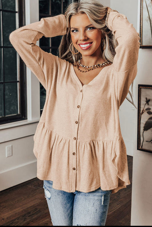 Jet Stream Ruffled V Neck Buttoned V Neck blouse
