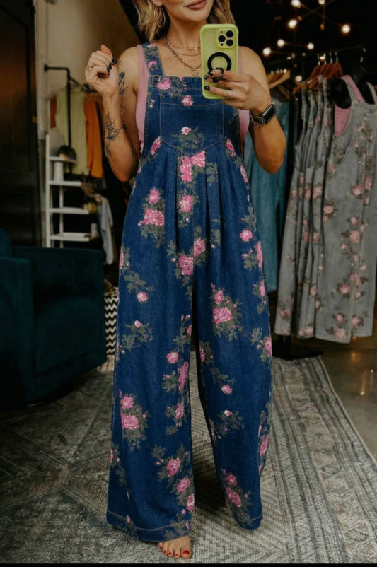Dark Blue Beau Floral Print Pleated High Waist Wide Leg Denim Jumpsuit