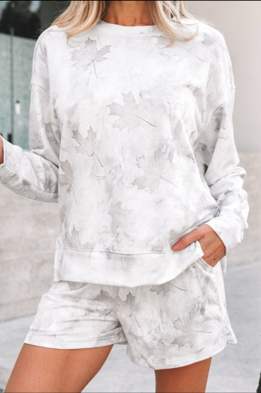 Beige Maple Camo Print Pullover Top and Elastic Waist Casual Short Set