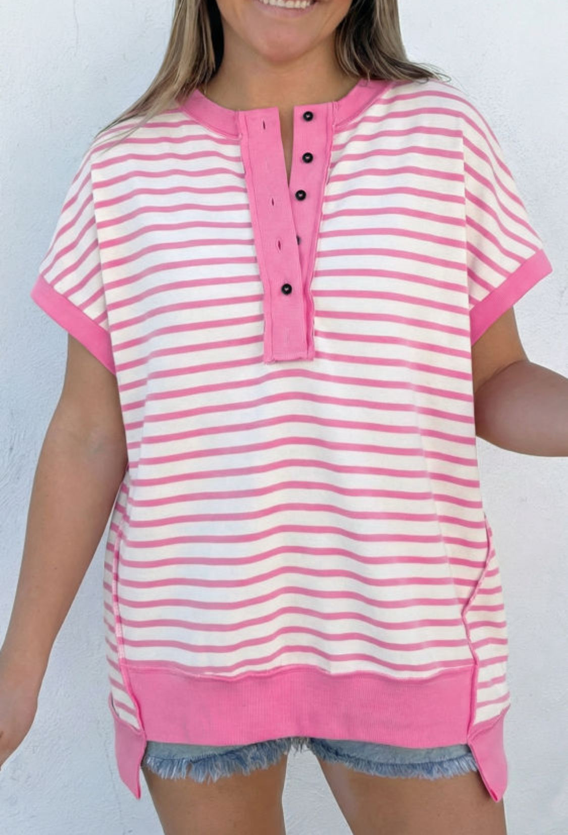 Pink Stripe Half Placket High Low Short Sleeve Top