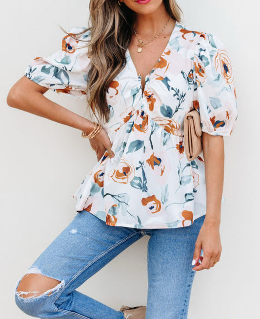 Green Floral Print Puff Sleeve V Neck Babydoll Blouse