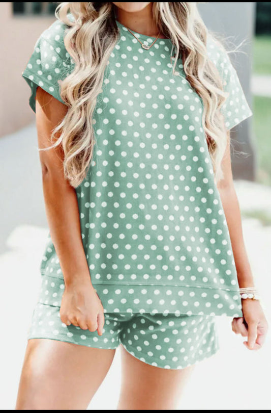 Mint Green Polka Dot Print Short Set
